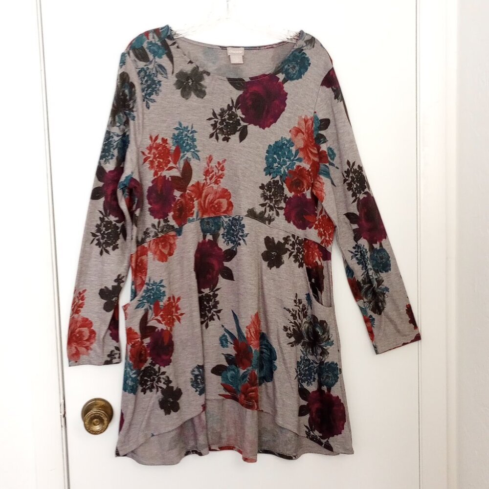 Chico's Rose-Print Button-Sleeve Knit Tunic Top Sz 2